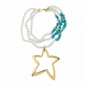 Vintage multi-layer pearl and turquoise stone necklace with a large gold star pendant