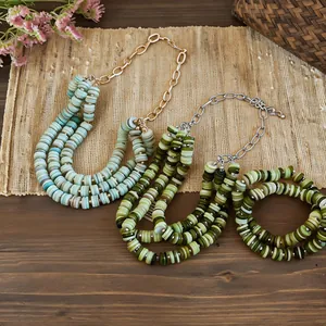Bohemian style handmade shell bead necklace and bracelet set in gradient blue and green colors