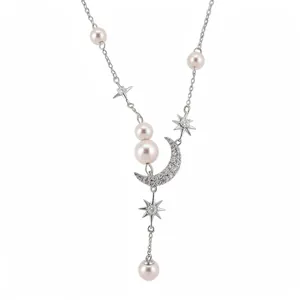 Elegant zircon star and moon tassel pendant necklace with pearls on a silver chain