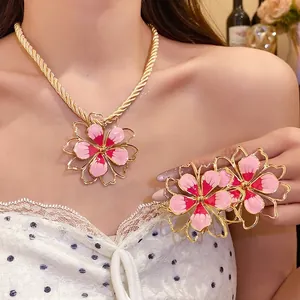 Retro pink enamel flower necklace and earring set with golden rope chain for women