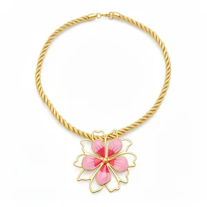 Retro gold twisted cord necklace with a vibrant pink enamel flower pendant for women