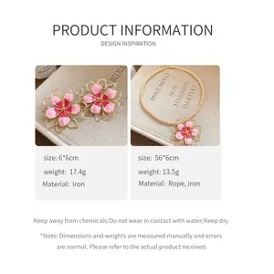 Detailed product specs for vintage pink enamel flower necklace and earrings set