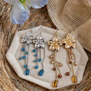 Vintage French style flower tassel earrings with glass beads in gold and silver tones