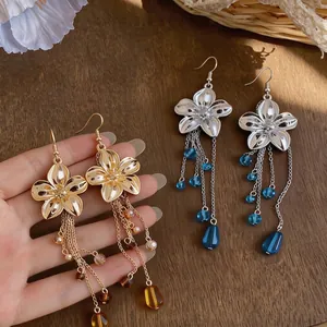 Vintage French style flower drop earrings with long tassels and glass beads
