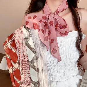 Korean Retro Printed Chiffon Scarf Necklace For Women Vintage Floral Stripe Plaid Neck Wrap Hair Band Multi Purpose Accessories