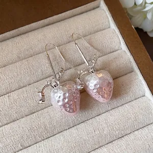 Sweet pink pearlescent strawberry ear hooks with sparkling zircon stones for women.