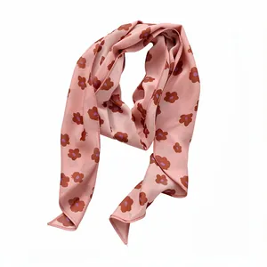Retro pink chiffon scarf with brown floral print, elegant fashion accessory for women