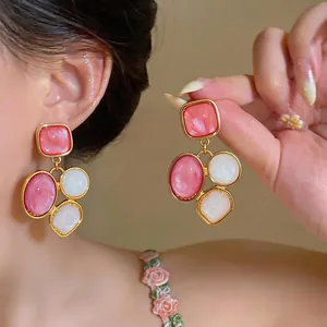 Vintage Palace Style Geometric Resin Oval Pendant Stud Earrings 925 Sterling Silver Earring Post Gold Pink White Jewelry