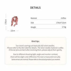 Detailed specs for a retro floral print chiffon scarf, 170cm length and 22cm width.