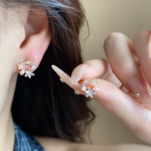 Orecchini a Bottone a Ghirlanda di Fiori in Stile Coreano Con Perno in Argento Sterling 925 Oro Rosa Blu Perla Artificiale Strass Gioielli Donna