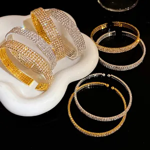 Exquisito Brazalete Abierto Multicapa con Strass para Mujer Cobre Chapado en Oro Plata Geométrico Redondo Ajustable Joyería de Lujo Ligero Regalo