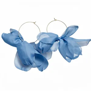 Elegant blue fabric flower hoop earrings for women, sweet vacation style fashion jewelry
