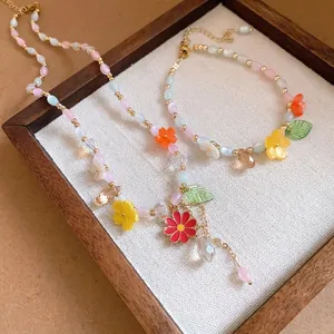 Candy Color Flower Beaded Stone Necklace Bracelet Set Enamel Floral Sweet Fresh Fashion Jewelry For Women Girls Gift
