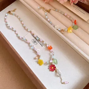 Colorful candy beaded jewelry set with oil-dripped flower charms and gold chain