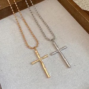 Vintage gold and silver metal cross pendant necklaces with ball chains for women