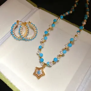 Vintage Palace Style Blue Stone Beaded Artificial Pearl Necklace Star Pendant Rhinestone Hoop Earrings Jewelry Set For Women
