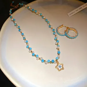 Retro pearl and blue stone beaded star necklace and earring set