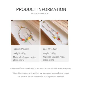 Detailed view showing specs for candy-colored beaded jewelry set with floral pendants.