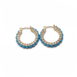 Elegant gold hoop earrings with turquoise beads and sparkling cubic zirconia stones