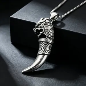 Vintage punk style stainless steel dragon head wolf tooth pendant necklace for men