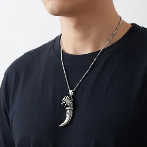Punk hip-hop style stainless steel wolf tooth shaped pendant necklace for men on black tee