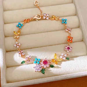 18K Gold Plated Copper Floral Bracelet For Women Colorful Zirconia Artificial Pearl Butterfly Jewelry Vacation Style Summer Accessory