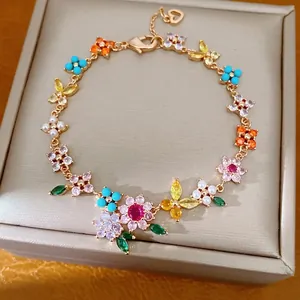 Colorful floral zircon pearl bracelet with 18k gold plating for summer vacation style