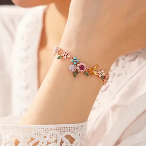 18k gold plated floral bracelet with multi-color zircon and pearls for summer vacation