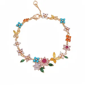Elegant 18k gold plated flower bracelet featuring colorful zircons and pearls for women