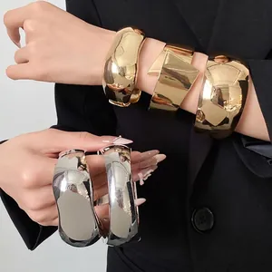 Minimalist Alloy Mirror Polish Bangle Bracelet For Women Vintage Round Wide Metal Cuff Bracelet Gold Silver Plated Fashion Jewelry