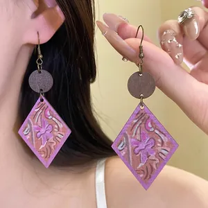 Orecchini Pendenti a Rombo in Legno Stampato Vintage Etnico per Donna Gioielli con Stampa Floreale Geometrica Retro Regalo