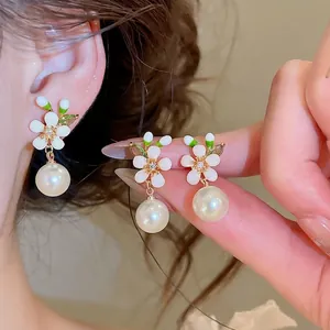 French Vintage Enamel Flower Drop Earrings With Artificial Pearl And Rhinestone Gold Plated For Women Party Jewelry