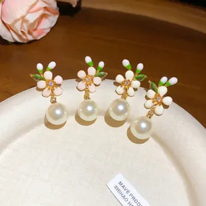 Vintage French style enamel flower earrings with large faux pearl drop accents for women