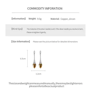 Detailed product info for zircon teardrop earrings with dimensions and material specifications