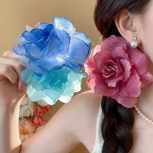Große Netzgewebe Stoff Blume Haarklammer Elegant Süß Floral Entenschnabel Clip Handgefertigt Mode Haarschmuck Für Damen Alltag Party
