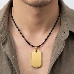 Minimalist stainless steel gold dog tag pendant necklace on black leather cord for men
