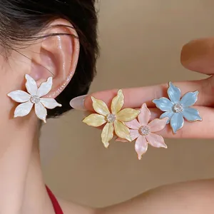Elegant 18k gold plated flower stud earrings featuring colorful enamel petals and zircon