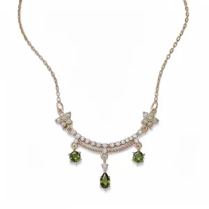 18k gold plated flower clavicle necklace with green pear-cut zircon drop pendants