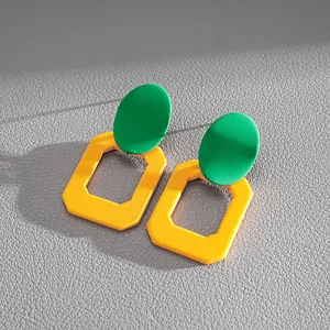 Orecchini geometrici stile dopamina con ovale verde e ottagono giallo cavo moderno