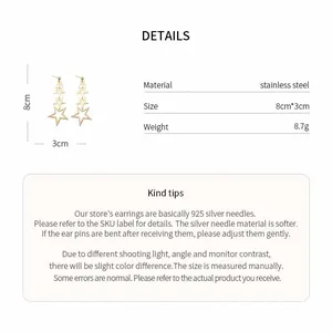 Detailed specifications of stainless steel star earrings with 925 silver needles.