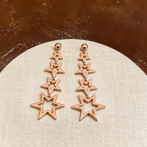Detailed view of rose gold stainless steel earrings with four linked stars design