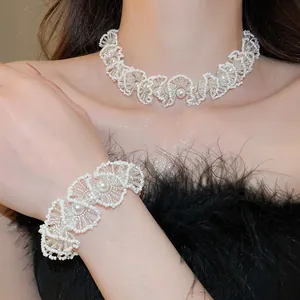 French Light Luxury Artificial Pearl Zirconia Brass Choker Necklace And Bracelet Elegant Beaded Clavicle Chain For Women