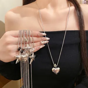 Collana Con Pendente a Cuore e Stella in Lega Pieghettata Vintage Catena della Clavicola Placcata in Argento Con Pietra Naturale Donna Gioielli