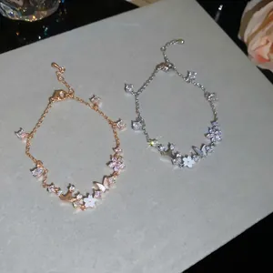 Elegant zircon mother-of-pearl butterfly flower charm bracelets in rose gold and silver