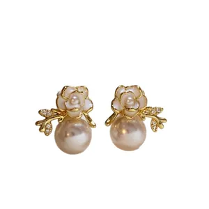 Elegant French style 18k gold plated camellia pearl stud earrings with shiny zirconia
