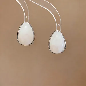 Primo piano di eleganti orecchini a goccia color argento con intarsio in acrilico