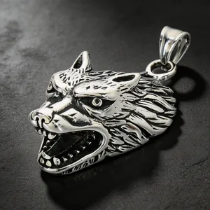 Detailed macro shot of a vintage wolf head pendant made of durable stainless steel