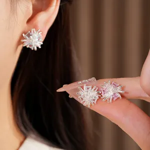 Détail rapproché d'élégantes boucles d'oreilles fleurs en argent serties de zircons.