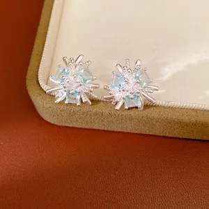 Gros plan de boucles d'oreilles fleurs en argent serties de zircons bleu clair et clairs
