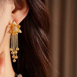 Elegant 18k gold plated flower tassel earrings with sparkling zircon and S925 silver needles